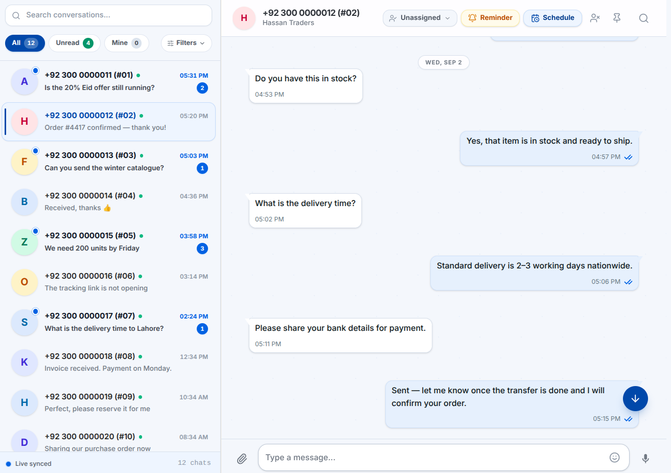 RGS Solution shared WhatsApp inbox with an active conversation, assignment controls and reminders